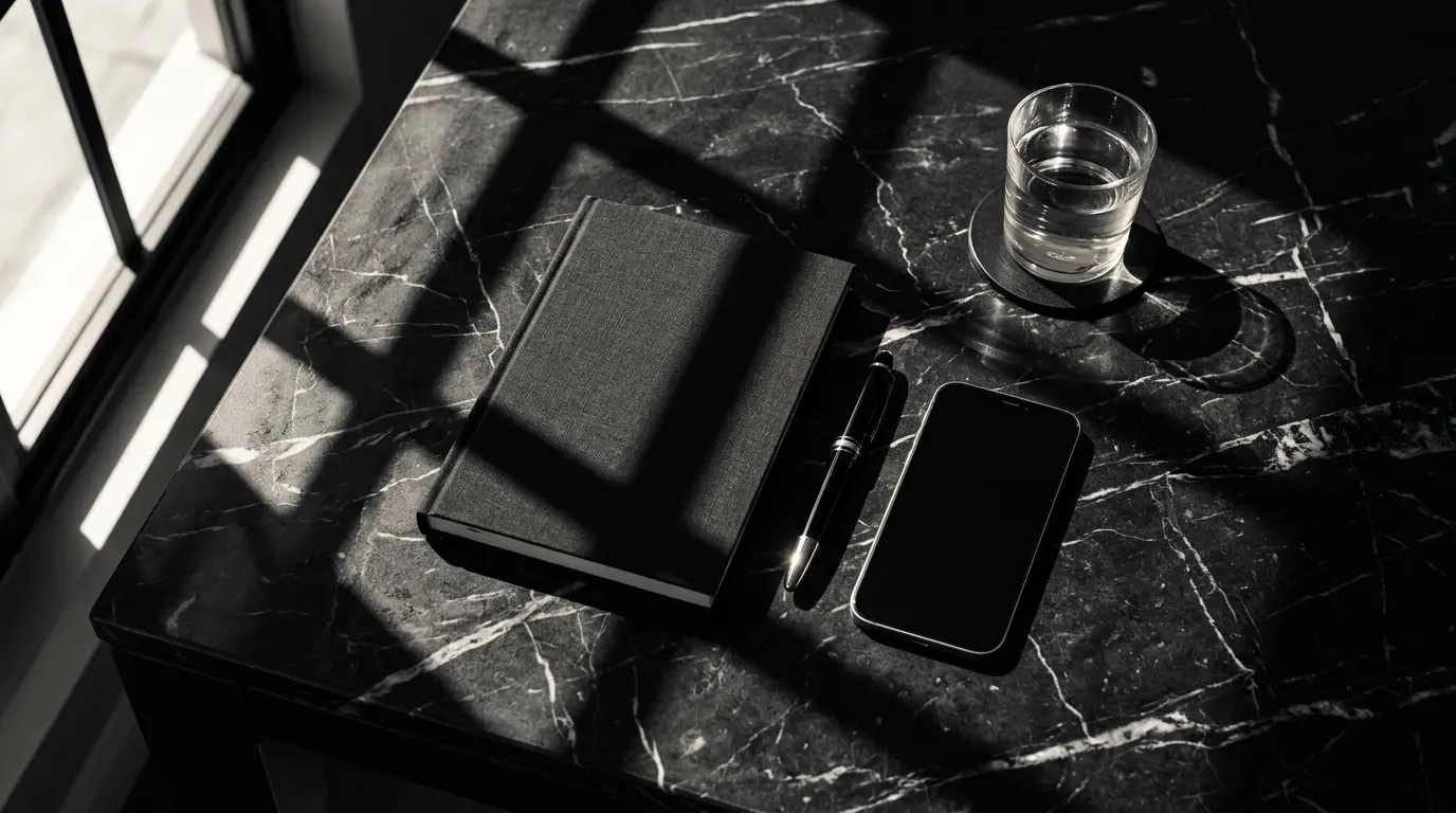 Overhead view of a black marble desk with a notebook, fountain pen and phone under raking light