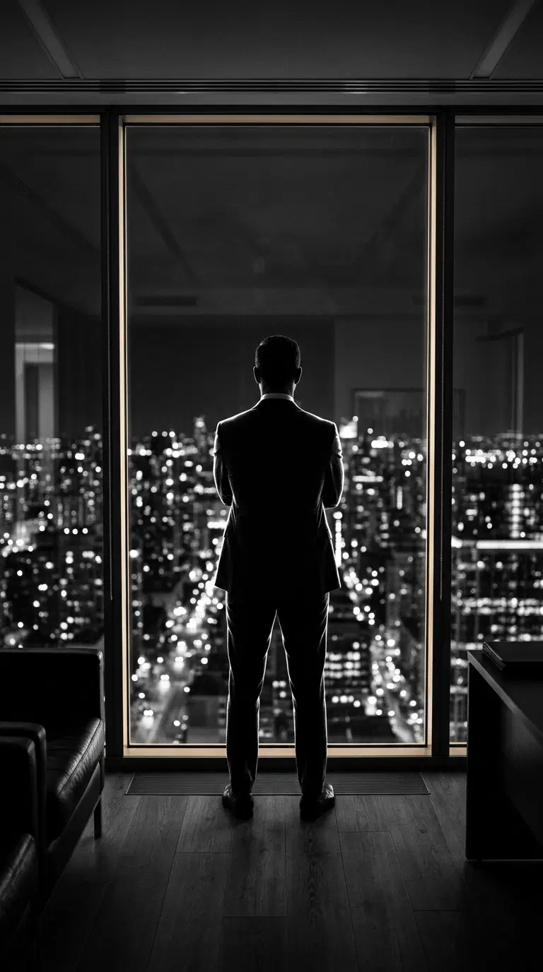 Silhouette of a founder in a tailored suit looking out over a city at night from a dark penthouse office
