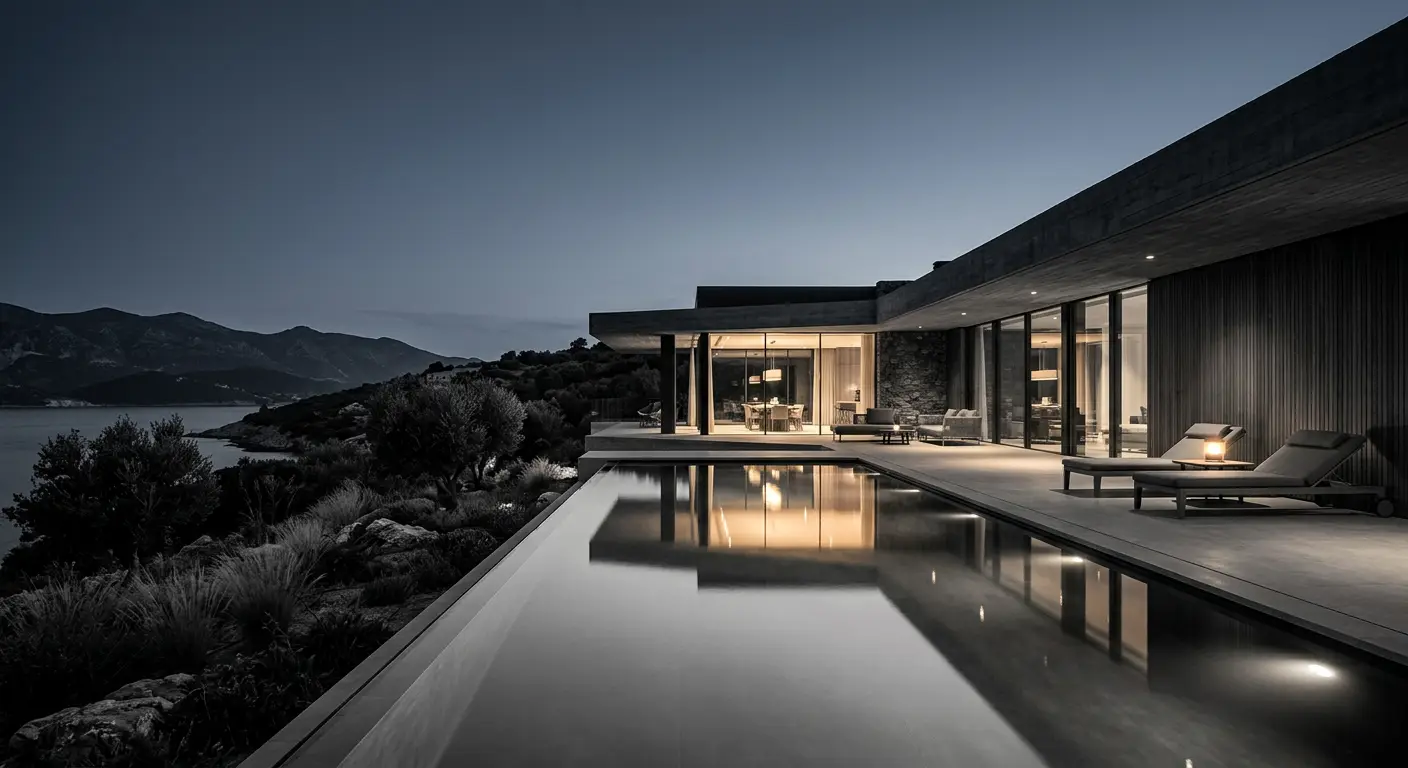 A modern monochrome villa at blue hour with an infinity pool reflecting warm interior light